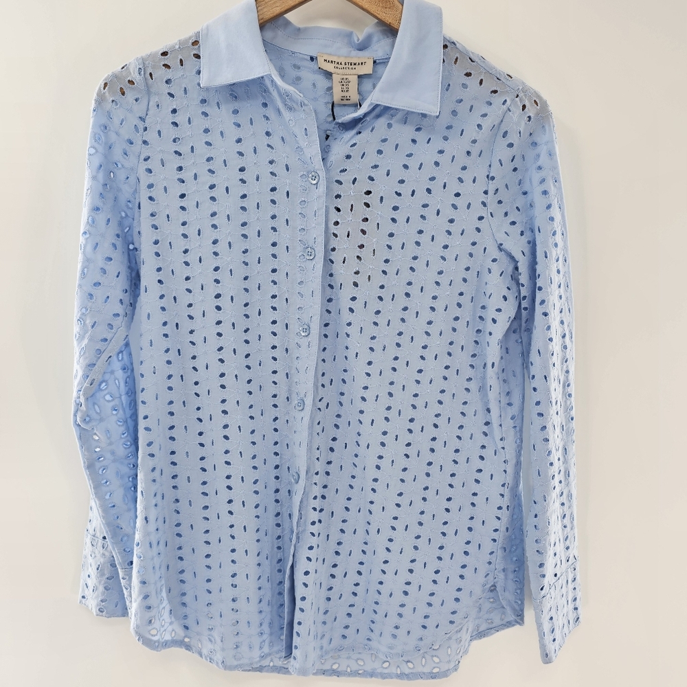 Martha Stewart  PaleBlue Cotton Eyelet Long Sleeve Button Up Womens Size XSmall